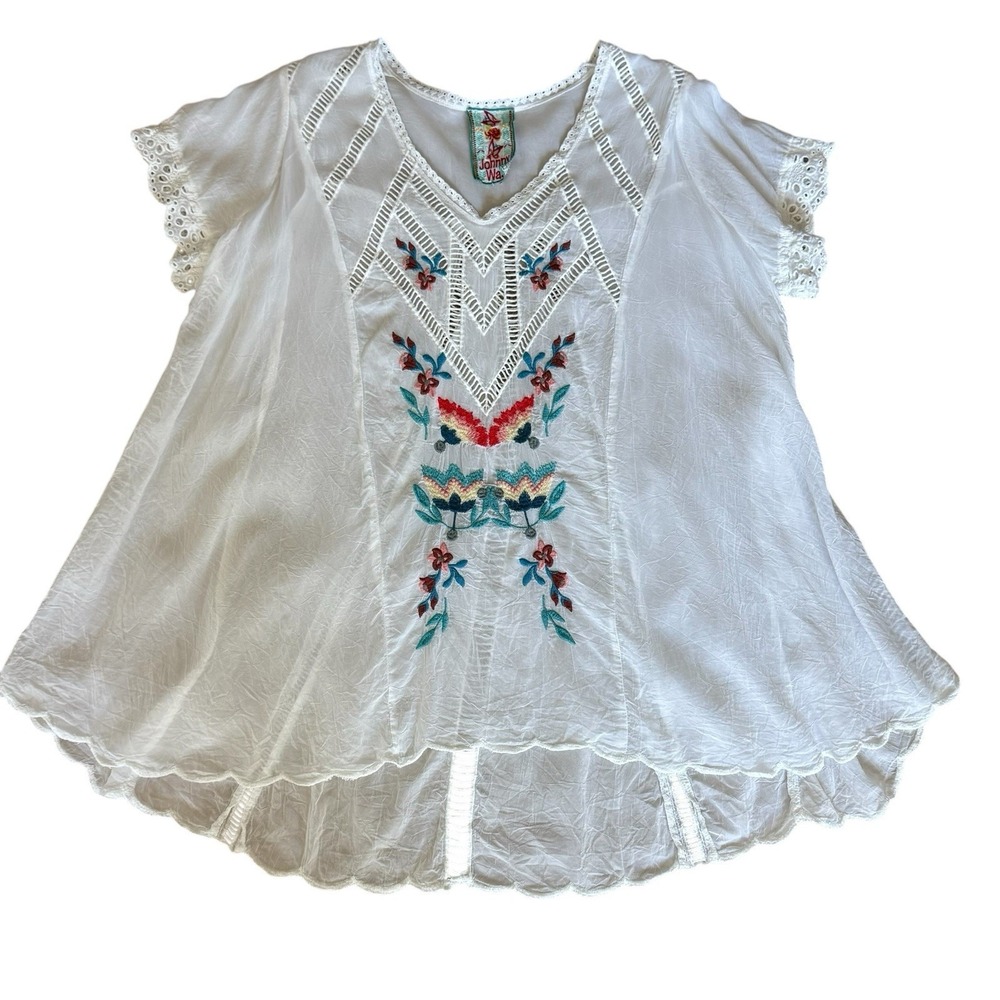 JOHNNY WAS Vara White Embroidered Eyelet Blouse M Cupra Rayon Boho Floral Top - Picture 3 of 8